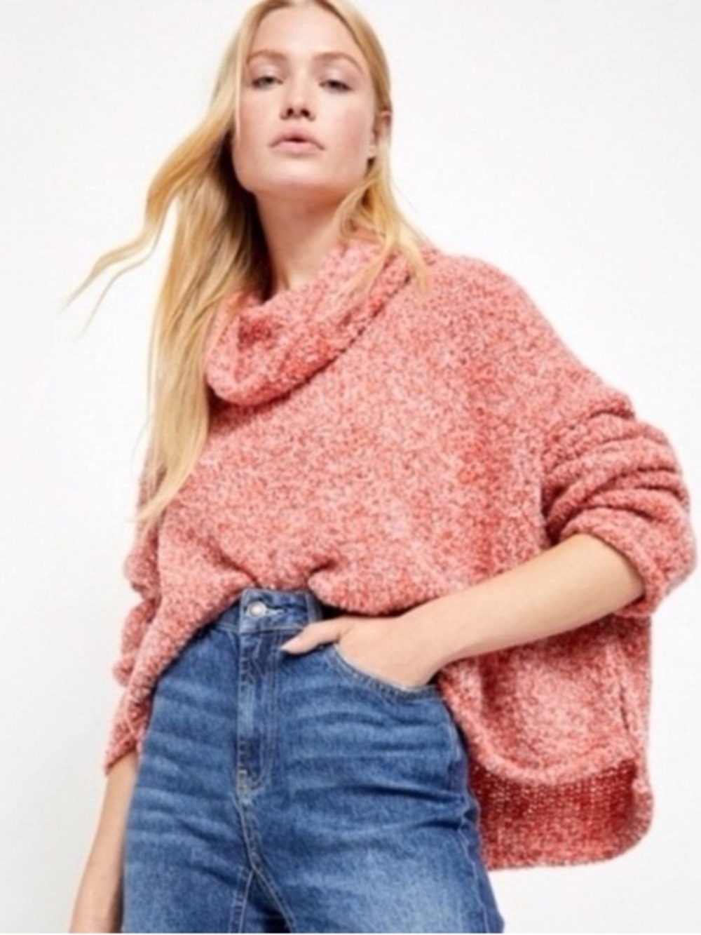 NWOT Free People BFF Knit Cowl Neck Sweater In Scarlet Flame Pink XS